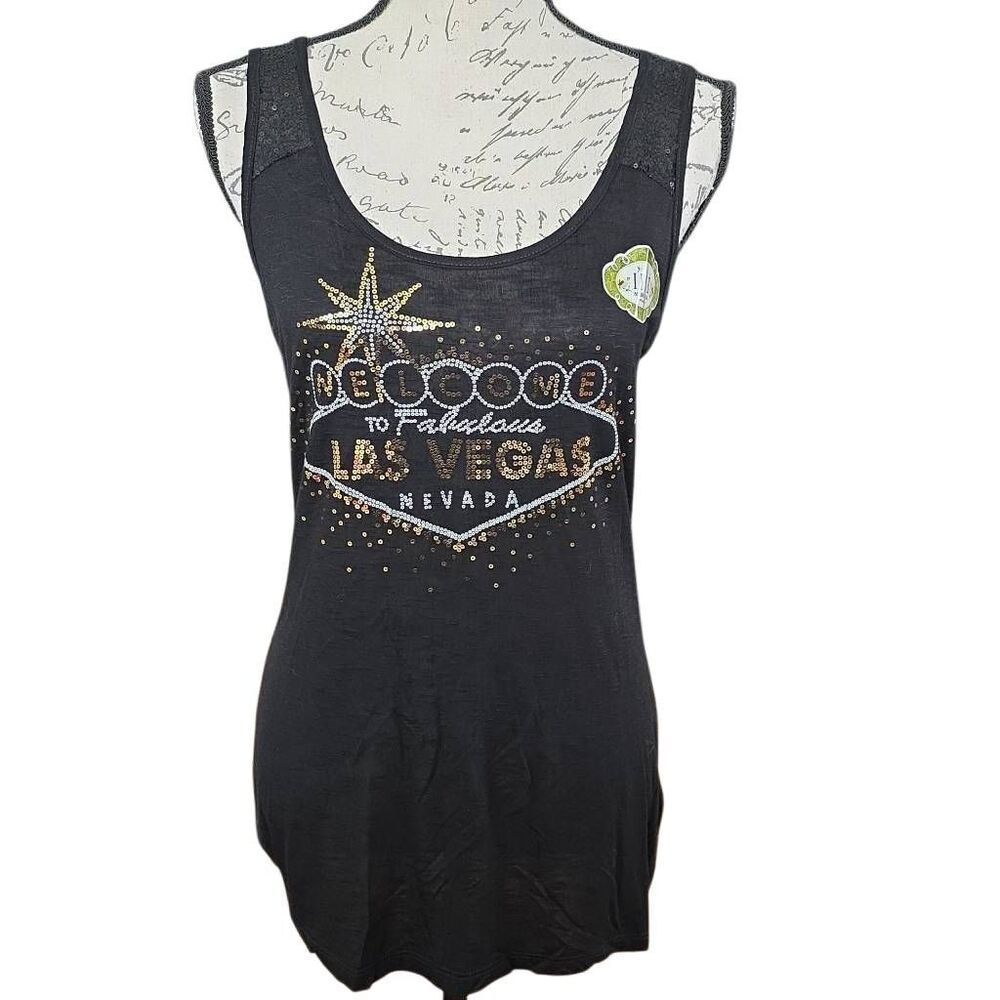 IFSE Women's Size Medium Black Gold Sequin Burnout Racerback Tank Top